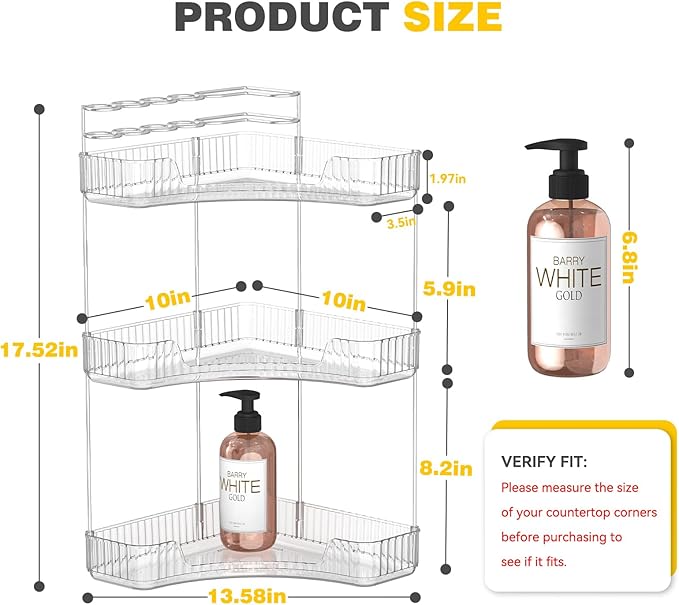 3-Tier Corner Bathroom Counter Organizer with Top Toothbrush Holders,Large Makeup Organizer Countertop with Brush Holder,Skincare Organizers Corner,Exquisite Vanity Organizer (Clear, 3 Tier)