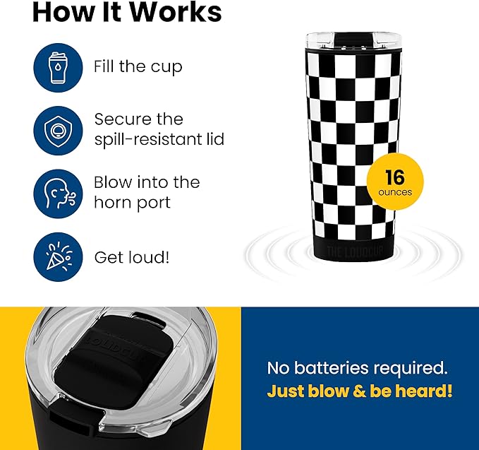 The LoudCup Blow Horn Tumbler, Cheer & Sip 2-in-1 Reusable Water Bottle with Built-In Horn for Sports Games, Tailgates, Parties & Events, BPA-Free