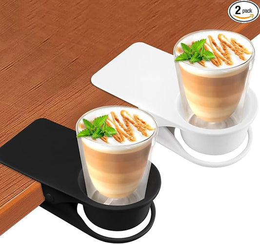 2PCS Drinking Cup Holder Clip, Kalolary Desk Bottle Cup Stand DIY Glass Clamp Storage Saucer Clip Water Coffee Mug Holder Saucer Clip Design for Home & Office, Black & White