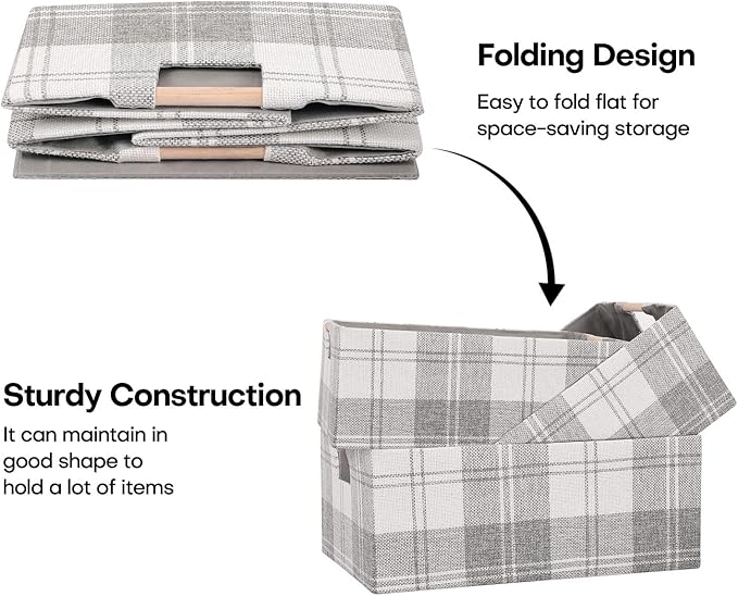 Fabric Storage Bin Box Collapsible Cotton Linen Storage Cube with Wooden Handles Rectangular Decorative Home Organizer Clothes Blanket Basket– Light Gray Plaid, Large