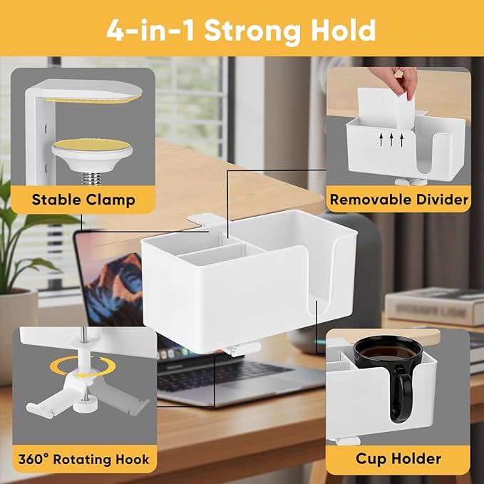 4-in-1 Clip On Desk Cup Holder - Adjustable Mountable Cup Holder with Divider & Rotating Hook - Large No Spill Clamp On Drink Holder Attachment - for Desk Chair Table Bed Tray - White