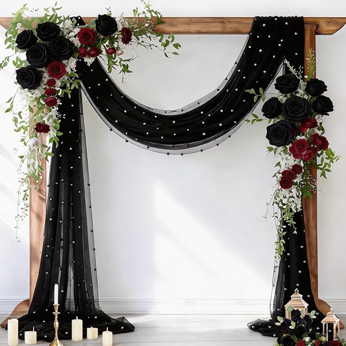 Socomi Pearl Table Runner Black Summer Wedding Arch Draping Fabric 19FT Sheer Tulle Chiffon Gauze Cheese Cloth Outdoor Drapes for Birthday Party Baby Shower Bridal Engagement Decor