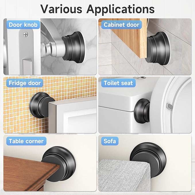2PC Door Stoppers for Wall, 1.65 x 0.9 Inch Door Knob Wall Protector with Silicone & Aluminum Alloy, Adhesive & Screw Mounting Door Bumper for Home & Office Walls, Black