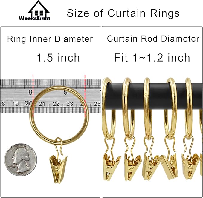 WeeksEight 40 Pack Gold Curtain Rings with Clips, Curtain Hooks Hangers Clip Rings for Hanging Drapes Bows Hat, Drapery Rings 1.5 in I D, Fits up to 1.2 in Diameter Curtain Rod.