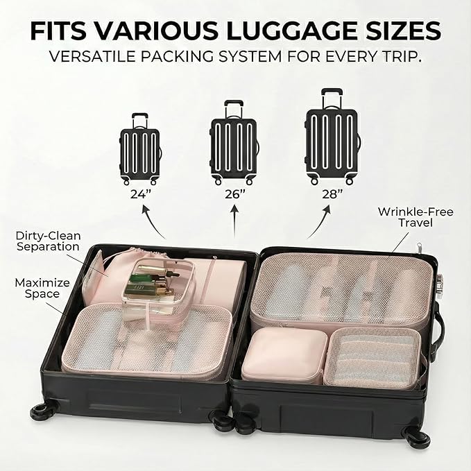 8 Set Packing Cubes for Travel with Clear Toiletry Bag, Durable Luggage Packing Organizers, Carry-On Accessories, TSA Approved See-Through Cubes, Space-Saving Storage Bags, Gifts for Women
