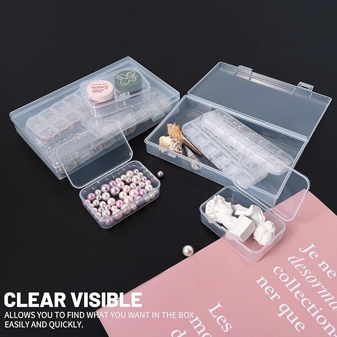 LJY 20 Pieces Mixed Sizes Rectangular Empty Mini Clear Plastic Organizer Storage Box Containers with Hinged Lids for Small Items and Other Craft Projects