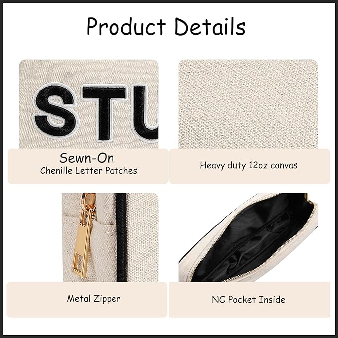 uekeboag Canvas Chenille Letter Medicine Makeup Bag, Small Travel Washable Organizer Bag for Purse with Zipper, Cute Personalized Preppy Drug Pouch For Women and Girls(02Black-Meds)