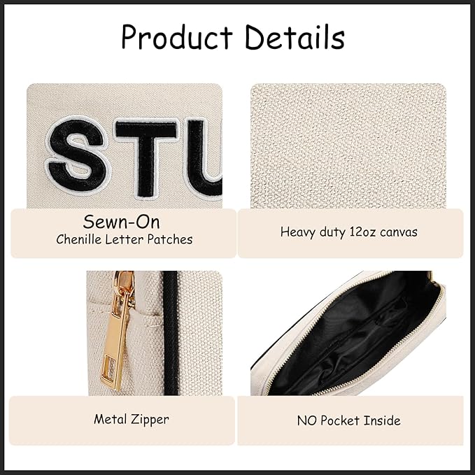 uekeboag 3Pcs Canvas Chenille Letter Makeup Bag Set, Small Travel Washable Organizer Bag for Purse with Zipper, Cute Personalized Gift Pouch For Women and Girls(Hair Skin Face)