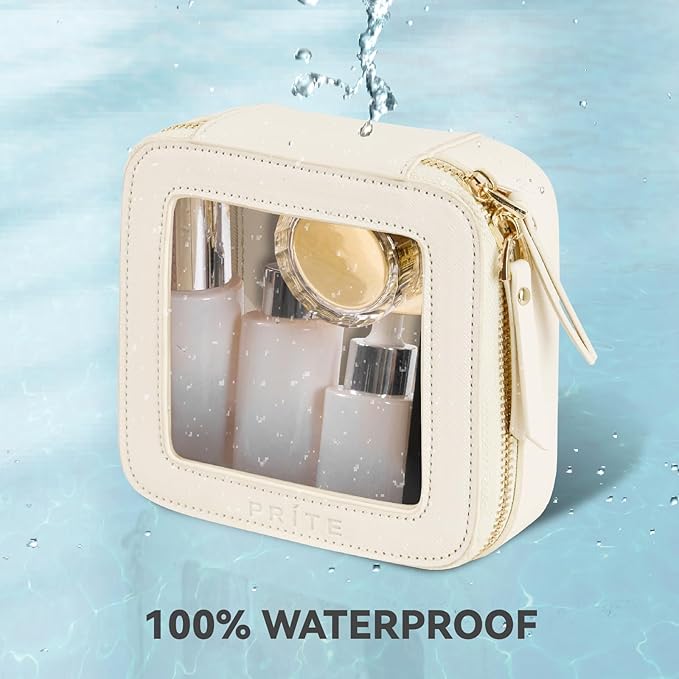 Prite Small Makeup Bag for Women Portable Clear Makeup Bag Cute Mini Waterproof Travel Cosmetic Bag with Gold Zipper for Car Essentials(Beige)