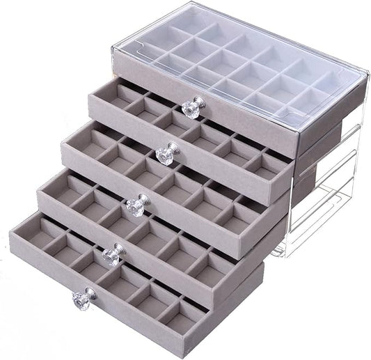 SPAKOWN Earring Box Holder Organizer Display Case, Clear Velvet Jewelry Storage Tray Organizer for Earring Ring Stud (Grey - 5 Drawers)
