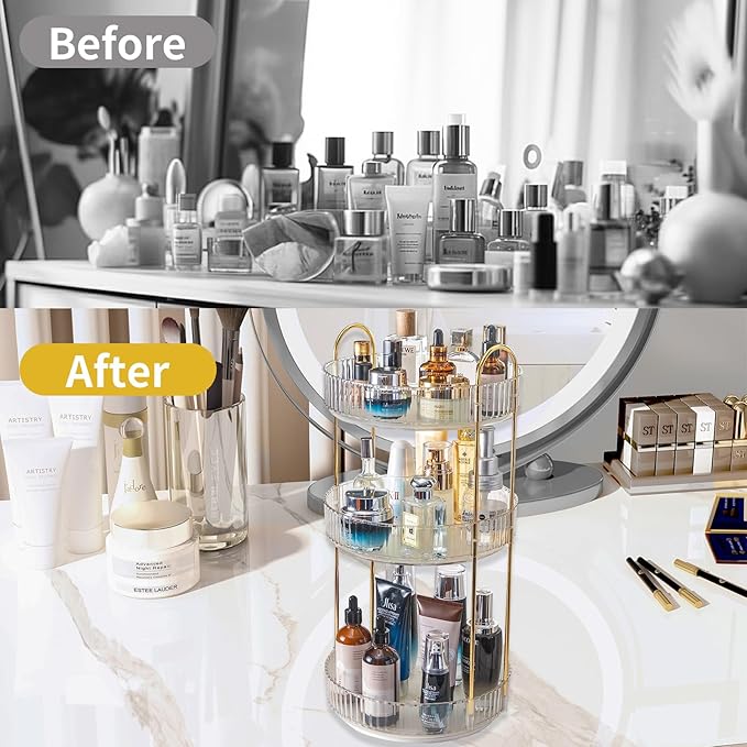 360 Rotating Makeup Organizer, 3-Tier Large Capacity Makeup Organizers and Storage, Skincare Perfume Vanity Organizers, Bathroom Cosmetics Storage Organizer Countertop (Clear-3 Tier)
