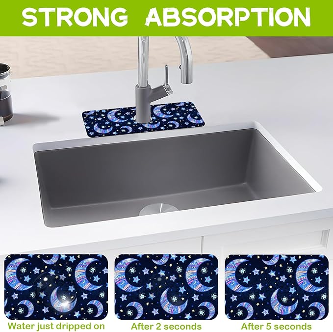 Kitchen Sink Splash Guard Faucet Mat Super Absorbent Fast Drying Mat Guard Behind Faucet Drip Catcher for Kitchen Bathroom (Blue Stars Crescent Moon, 15.5"X5.5")