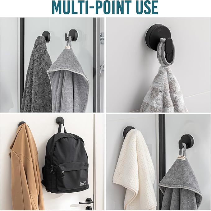 TAILI 304 Stainless Steel Bathroom Suction Hooks for Towel, Bathrobe, Loofah, No Damage Hanging Glass Shower Wall Hook, Patented Strong Suction Cup Holder, Hold Up to 11 Lbs, 2 Pack, Black