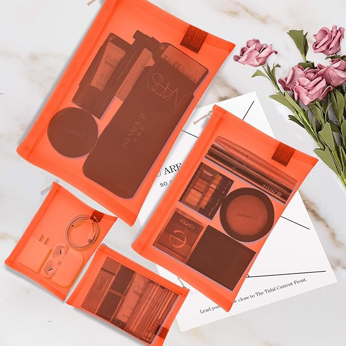 EASYFUN Mesh Pouch, Makeup Bag with Zipper Cosmetic Organizer Pouch for Daily or Travel to Keep Small Items, 4 PCS Orange