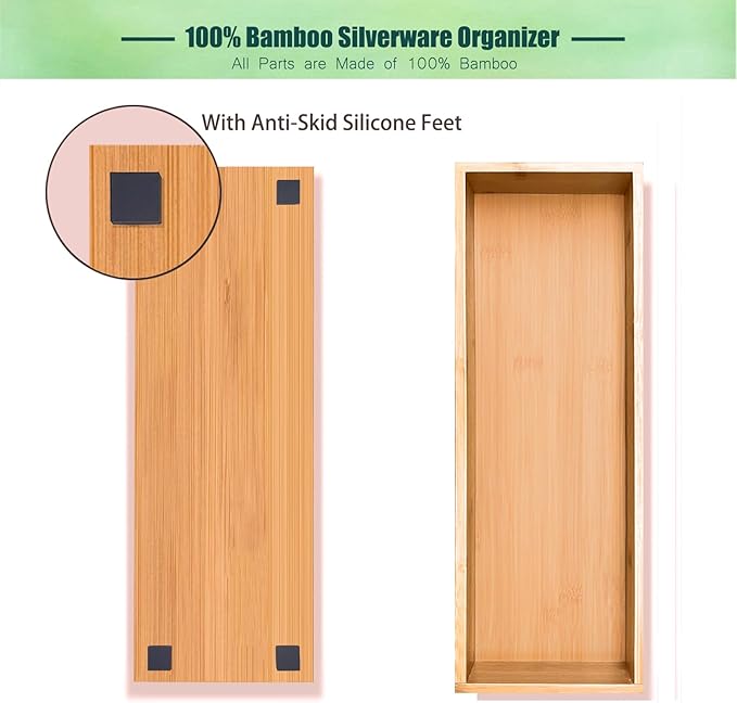 Bamboo Drawer Organizer, Utensil Organizer for Kitchen, Bamboo Storage Box Wood Silverware Tray for Drawer (Set of 4)