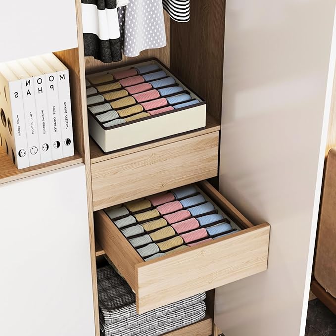 Joyoldelf Sock Drawer Organizer Divider Underwear Organizer 24-cell Fabric Dresser Drawer Organizers Storage Boxes for Socks Lingerie, Handkerchiefs, Ties 4 Pack (Beige)