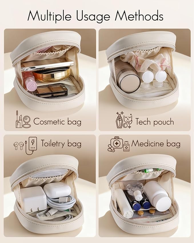 Vlando Mini Makeup Bag, Small Makeup Bag for Purse with Slip-in Pockets, Portable Travel Toiletry Bag with Zipper, Waterproof Make up Organizer Case for Women - Cream White