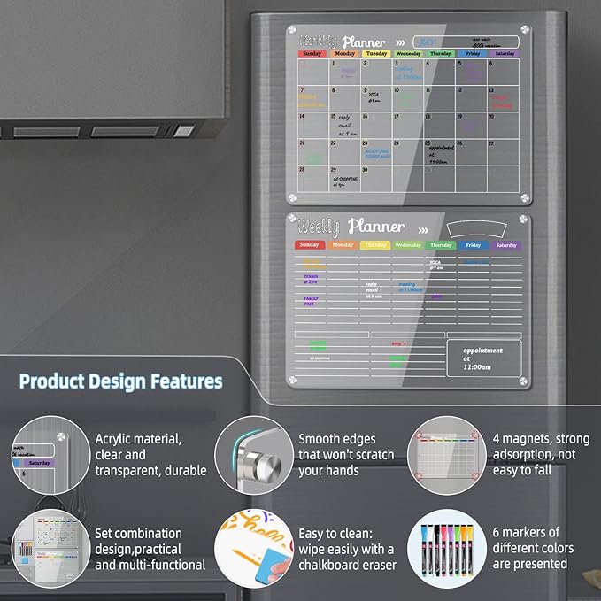 Hivillexun 3-Pack Acrylic Magnetic Dry Erase Calendar Whiteboard Set – Organize Your Refrigerator, Wall, or Fridge with Monthly, Weekly, and Daily Planners, Includes 8 Markers, Large Eraser, and Cloth