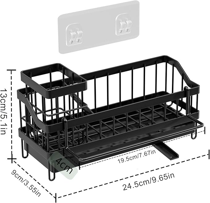 Sink Caddy kitchen Organzier with High Brush Holder, Wall-Mounted Sponge Holder for Sink, Countertop Organizer Soap Dispenser Storage, Rustproof 304 Stainless Steel Kitchen Essentials