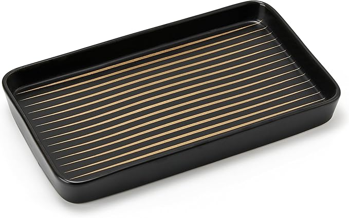 10"×6"×1" Black Bathroom Vanity Tray for Countertop- Ceramic Decorative Organizer Tray for Dresser Tops, Toilet, Perfume, Sponge Holder Soap Dish Dispenser for Kitchen Counter- Golden Stripes