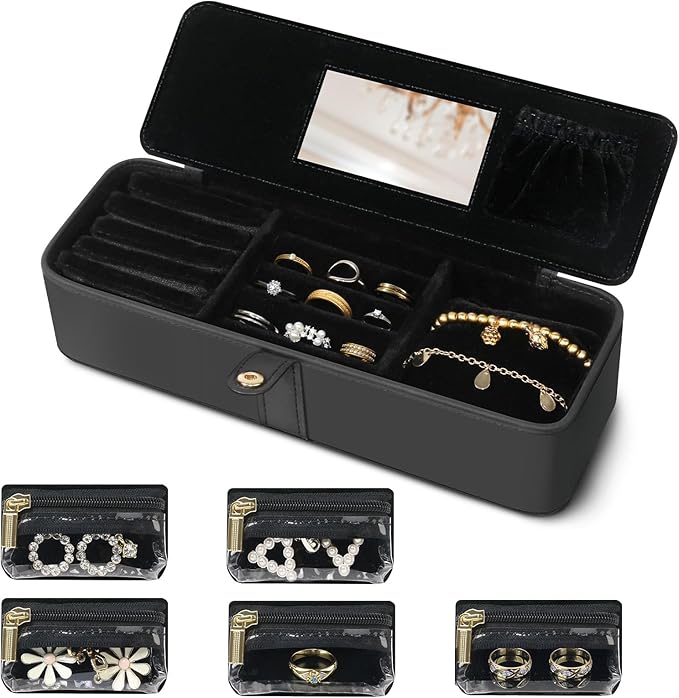 Travel Jewelry Organizer Box – Leather Jewelry Case Gift for Women and Girls – Jewelry Organizer and Storage with 5 Anti-Tarnish Velvet Pouches & Mirror – Portable for Trips and Daily Use