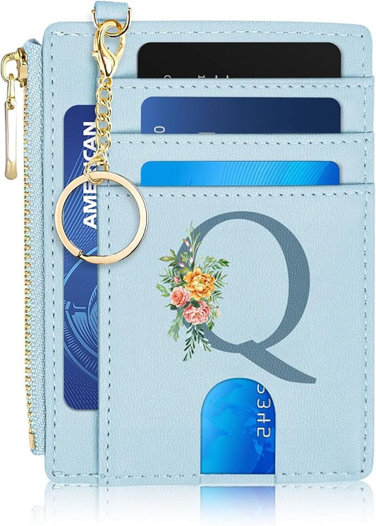 Card Wallets for Women Slim Minimalist Front Pocket RFID Blocking Wallet Small Compact Card Case with ID Window Coin Purse, Personalized Birthday Gifts for Women Sister Mom Daughter Her, Initial Q