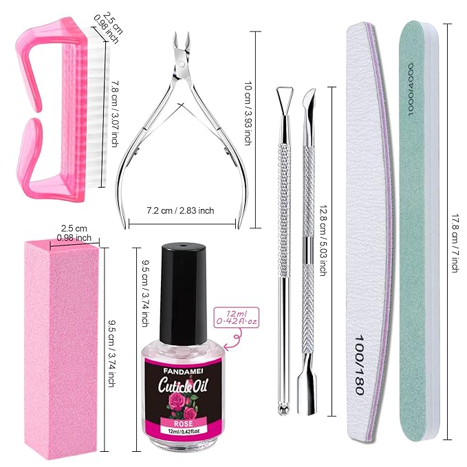 FANDAMEI Nail Files and Buffers, Manicure Tools Nail Care Kit with Nail File, Nail Buffer Block, Cuticle Care for Women with Nippers, Pusher Peeler. Cuticle Oil and Nail Prep Kit.