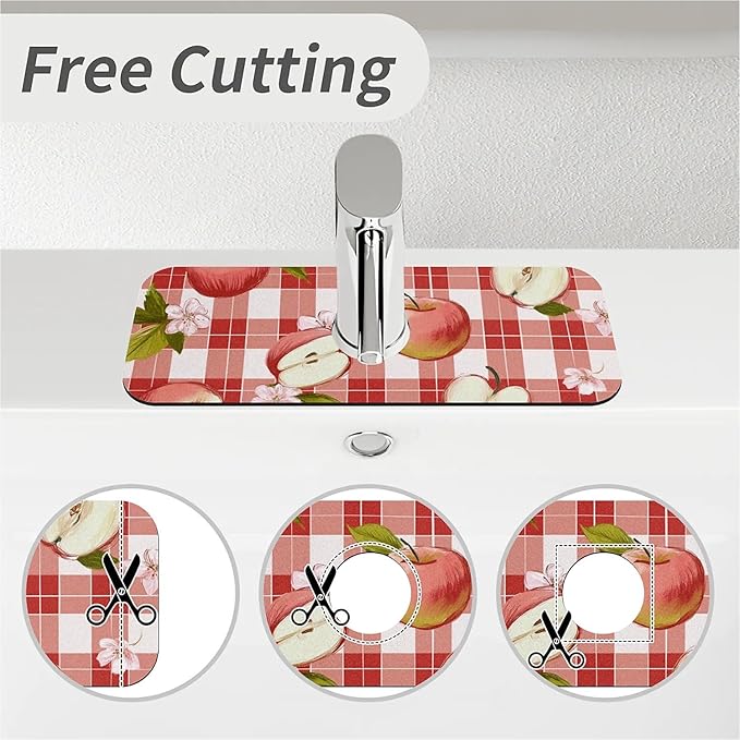 Kitchen Sink Splash Guard, Apple-on-a-Checkered Faucet Mat Sink Gadgets - Super Absorbent Fast Drying Mat Drip Catcher for Kitchen, Bathroom, Sink Mat, Dish Drying Mat, Bathroom (15" X 5.5")