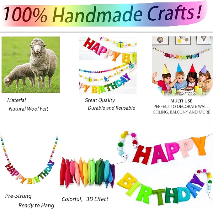 Pre-Strung Happy Birthday Banner - Handmade Felt Letters & Balls, Reusable Colorful Felt Ball Garland, Personalized Birthday Sign for Home Wall Mantles Decor Kids Rainbow Party Decorations