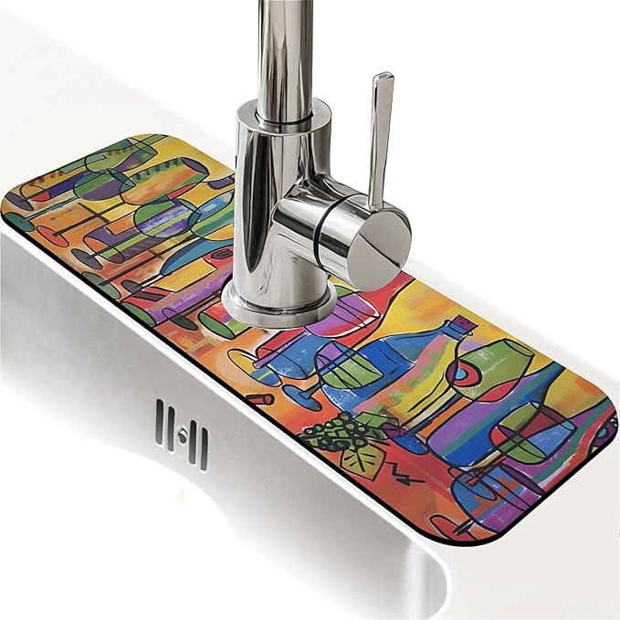 Kitchen Sink Splash Guard, Colored glass bottles Faucet Mat Sink Gadgets - Super Absorbent Fast Drying Mat Drip Catcher for Kitchen, Bathroom, Sink Mat, Dish Drying Mat, Bathroom (15" X 5.5")
