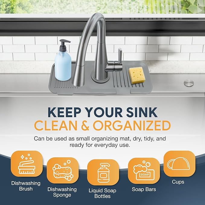 14.6” Silicone Faucet Mat For Kitchen Sink, Kitchen Sink Splash Guard Behind Faucet, Kitchen Faucet Mat For Kitchen Sink, Kitchen Sink Faucet Mat Splash Guard and Sink Water Splash Guard (Gray)