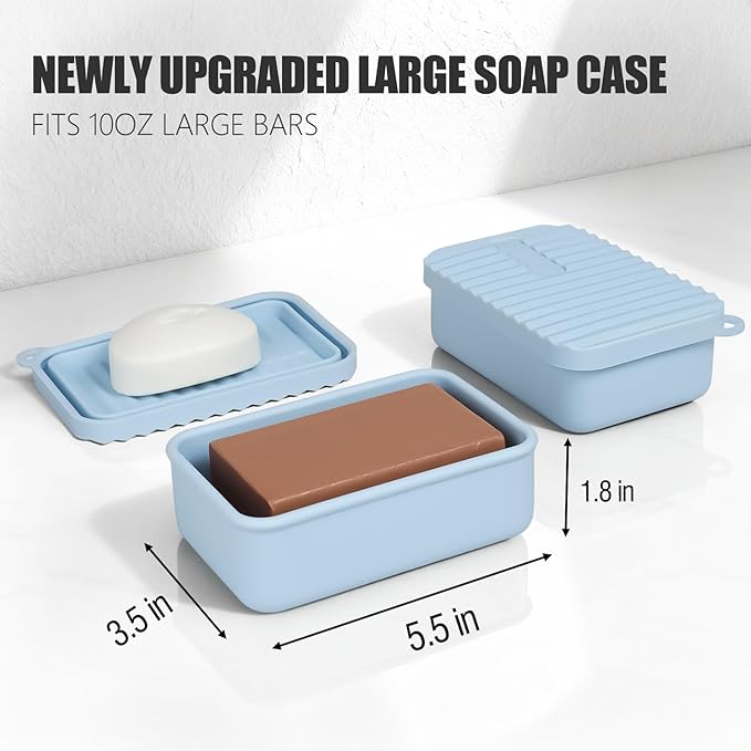 OTHIX Extra Large Silicone Leak Proof Travel Soap Case - Compatible with 10 oz Duke Cannon or Shampoo & Conditioner Bar Set | Travel Essentials for Trips, Outdoor Adventures, Truck Drivers(Light blue)