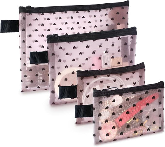 4-Piece Heart Printed Mesh Makeup Bag Set, Portable Travel Mesh Cosmetic Bags Toiletry Bags Makeup Purse Bags, Zipper Storage Pouches for Home Offices Travel Accessories (Pink)