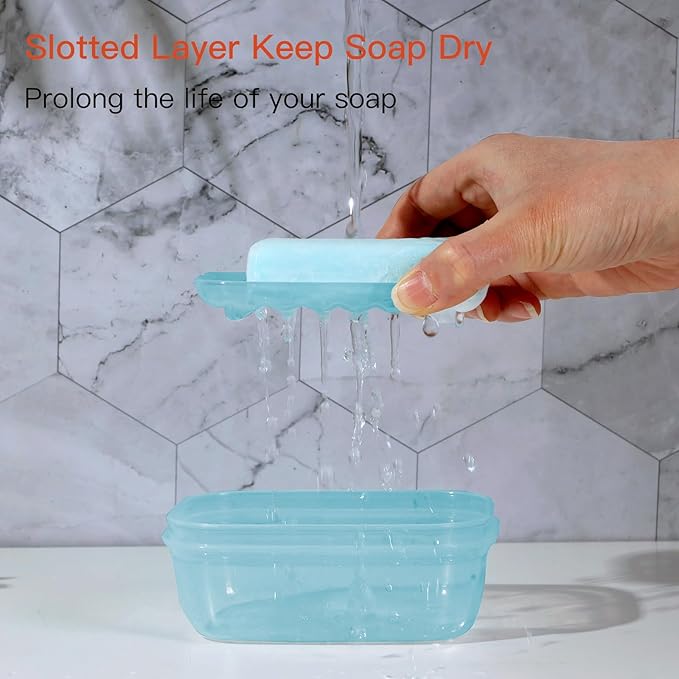 Quatish Leakproof Soap Dish with Lid & Draining Layer, Shatterproof Travel Bar Soap Holder Case Container, Portable Travel Size Toiletries Essentials for Camping, Gym, Bathroom, Clear Blue