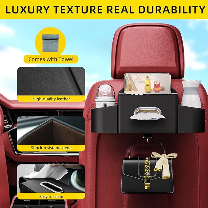 Car Back Seat Organizer with one towel， Multifunctional Car Back Seat Storage Box with 2 Drink Cup Holder Tissue Box for Hold Phone Drinks Handbag Compatible with Most Vehicles (Black)