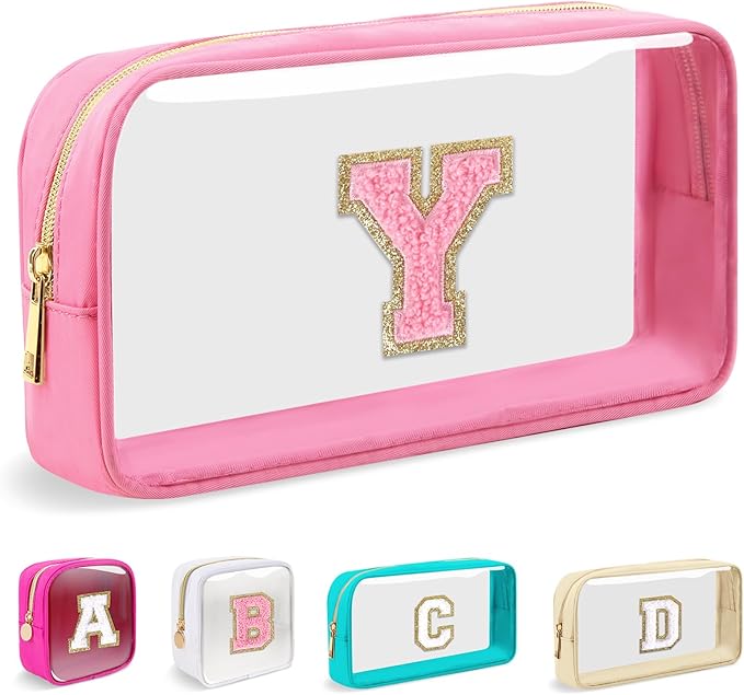 Small Clear Personalized Initial Makeup Bag, Preppy A-Z Chenille Letter Patch Cosmetic Bag, Cute Transparent Nylon Waterproof Zipper Beach Varsity Letter Pouch, Gift for Women Girls(Pink-Pink Y)