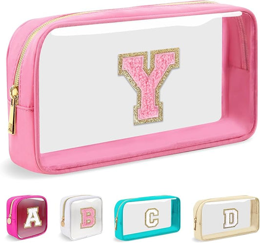 Small Clear Personalized Initial Makeup Bag, Preppy A-Z Chenille Letter Patch Cosmetic Bag, Cute Transparent Nylon Waterproof Zipper Beach Varsity Letter Pouch, Gift for Women Girls(Pink-Pink Y)