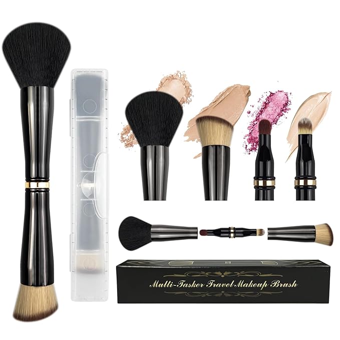 4 in 1 Makeup Brush Set - All in One Powder/Blush, Foundation, Blending & Eyeshadow Brushes, Compact & Travel Essential