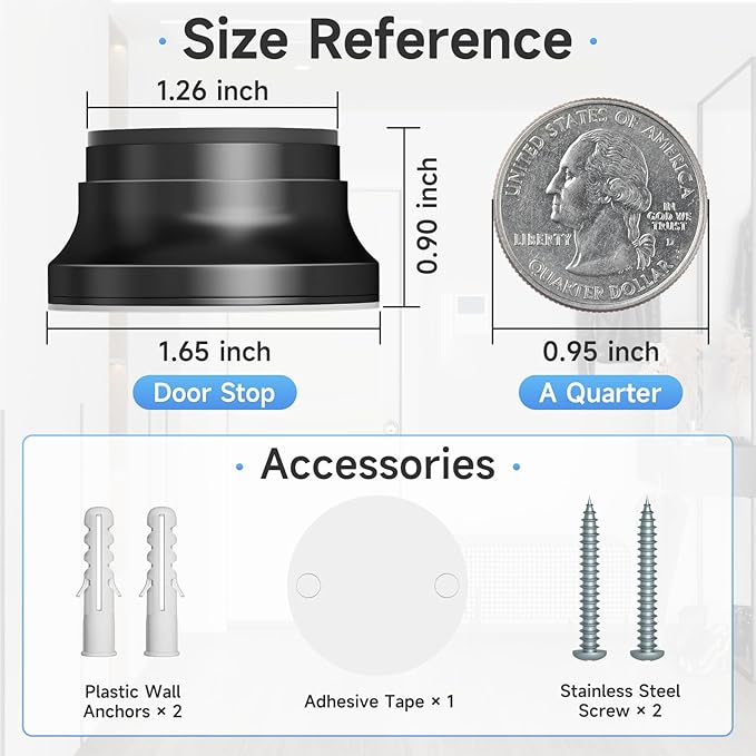 15PC Door Stoppers for Wall, 1.65 x 0.9 Inch Door Knob Wall Protector with Silicone & Aluminum Alloy, Adhesive & Screw Mounting Door Bumper for Home & Office Walls, Black
