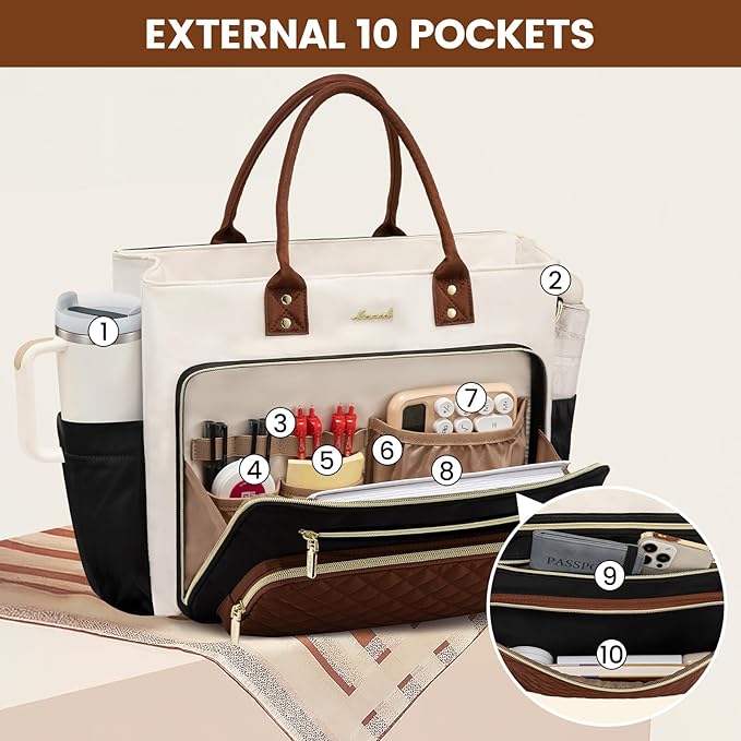 LOVEVOOK Teacher Tote Bag for Women Work, Laptop Bag With Large Cup Holder, Nurse Bags Professional Briefcase Business Computer Purses Bible Handbag Gifts, Black-Beige-Brown, 15.6 Inch