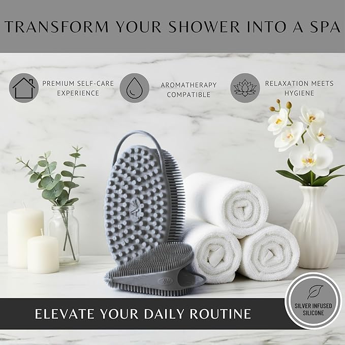 Silver Infused Body Face Scrubber Set - 2 Pack Premium Shower Brush Kit - Avilana Advanced Material Bath Loofah Alternative Complete Skincare System - Luxury Gift Set Women Men