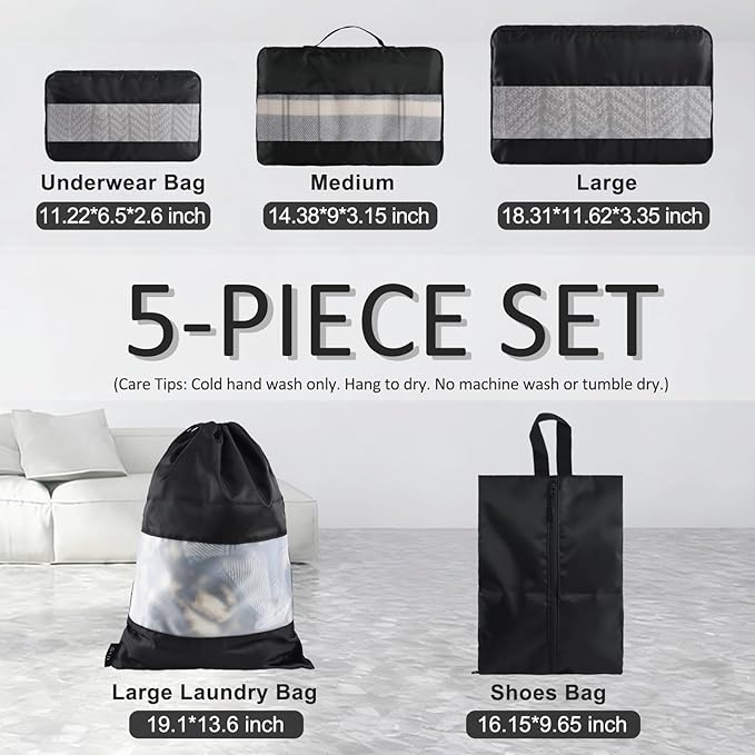 U+U 5 Set Packing Cubes for Travel Essentials Ultralight Luggage Packing Organizers with Laundry Bag and Shoe Bag for Vacation, Business Trip and Camping (Black)