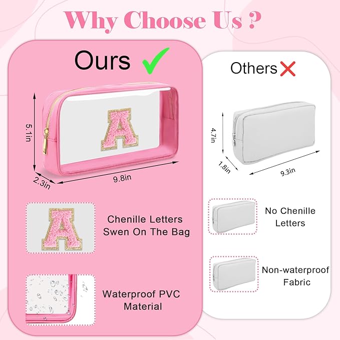Personalized Initial Letter Clear Makeup Bag, Preppy Small Nylon & PVC Cosmetic Zipper Bag with Chenille Letter, Portable Beach Travel Skincare Toiletry Bag, Trendy Monogram Gift for Teen Girls Women, J