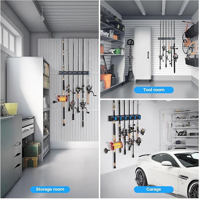 PLUSINNO Fishing Gifts for Men - V6 Vertical Fishing Rod/Pole Holders, Support Extra Large & Heavy Fishing Rod Combos, Fishing Rod Holders for Garage, Wall Mounted Fishing Rod Rack Storage
