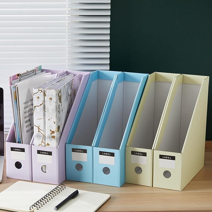 Y YOMA Cardboard File Magazine Holder, Pastel Color, 6 Pack Desktop Binder Holder with Labels Vertical File Storage Foldable Organizer Box, for Office Classroom Home Workspace