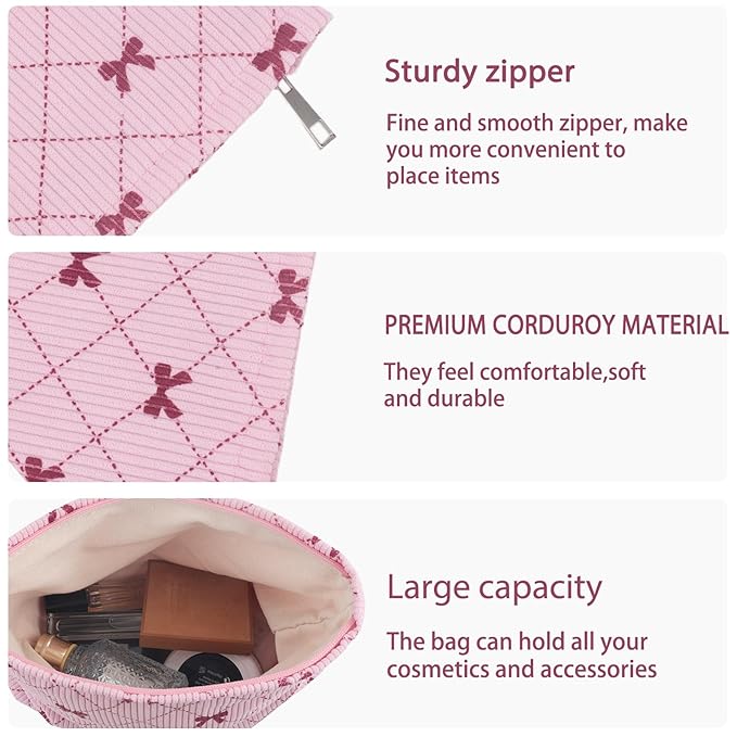 ZLFSRQ Corduroy Makeup Bag for Women Preppy Large Capacity Cosmetic Bags Travel Toiletry Organizer Pouch for Purse Zipper Makeup Brushes Storage Tote Bag Cute Y2K Aesthetic Essential Bags（Pink Bow）