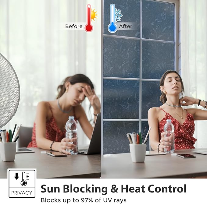 Window Film Heat Blocking 95% Privacy Film, Day and Night Windows Tint See Out Not in, Static Cling One Way Films for Home and Office(Black Tulip 35.4X78.7 inch)