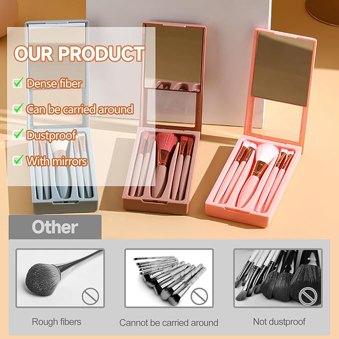 Travel Brush Set, Portable 5 PCS Mini Makeup Brushes with Mirror, Easy-taken Makeup Tool Set for Eyeshadow, Contour, Blush, Complete Function Cosmetic Profesional Tools (Brown)