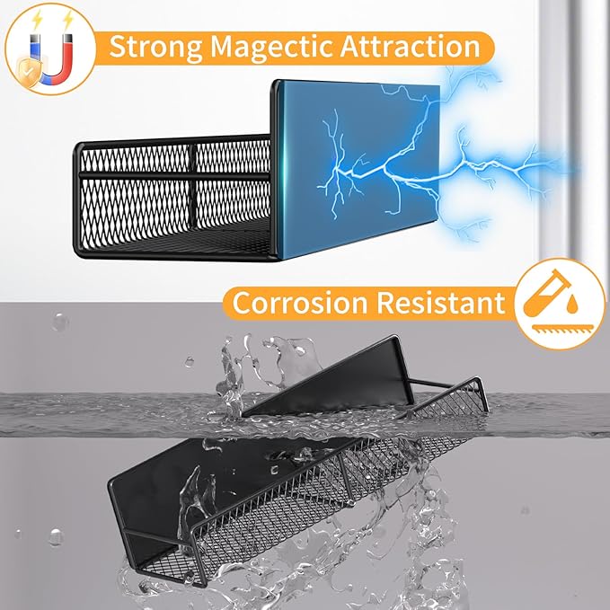 Magnetic Spice Rack for Refrigerator, 2 Pack 100% Metal Strong Magnet Shelf Black, Moveable Spice Organizer with Hooks, Magnetic Fridge Shelf for Kitchen Home Laundry Room Organization and Storage