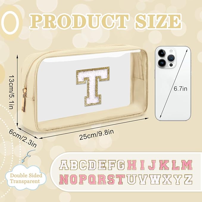 Small Clear Personalized Initial Makeup Bag, Preppy Nylon A-Z Chenille Letter Patch Makeup Organizer TSA Approved Travel Toiletry Bag,Waterproof Zip Beach Cosmetic Pouch Purse for Women(Beige-White T)